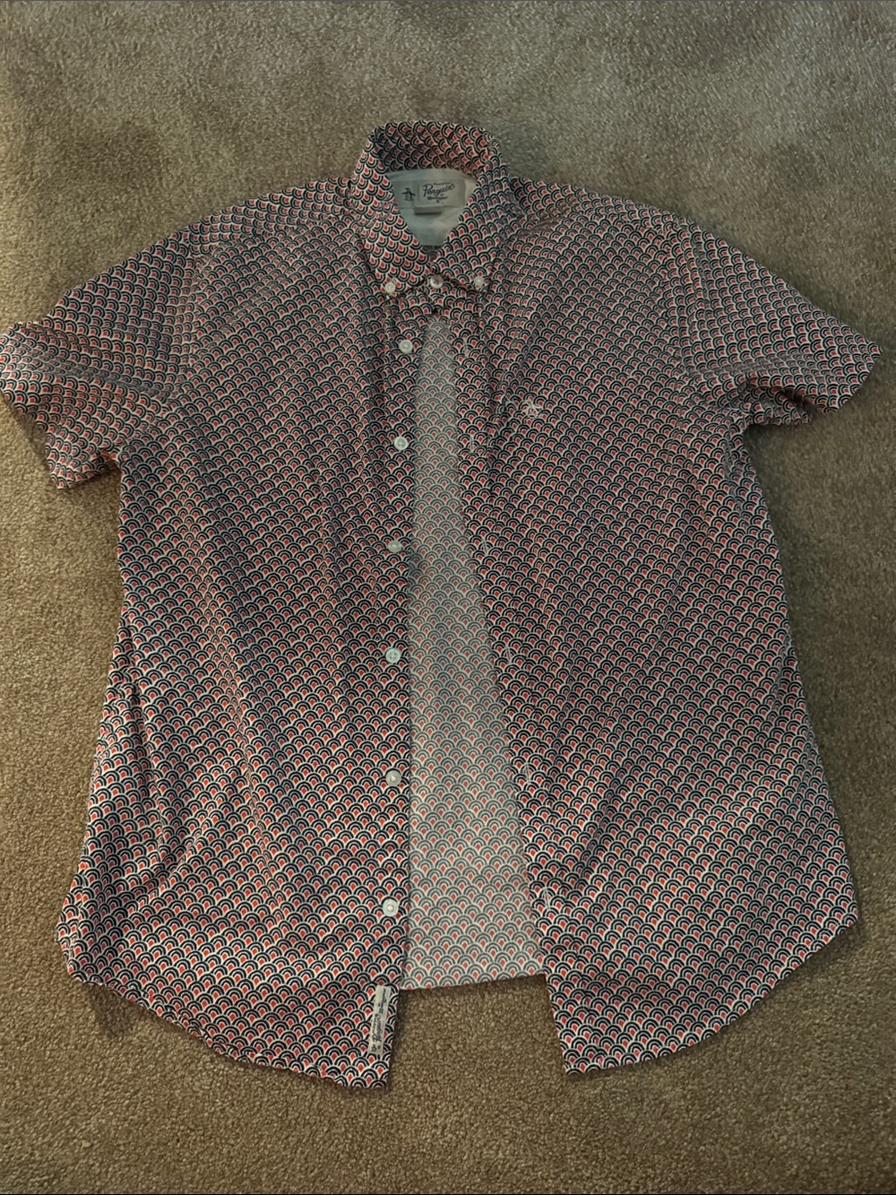 Original Penguin Red and Navy Short-Sleeve Microprint Button-Down Shirt